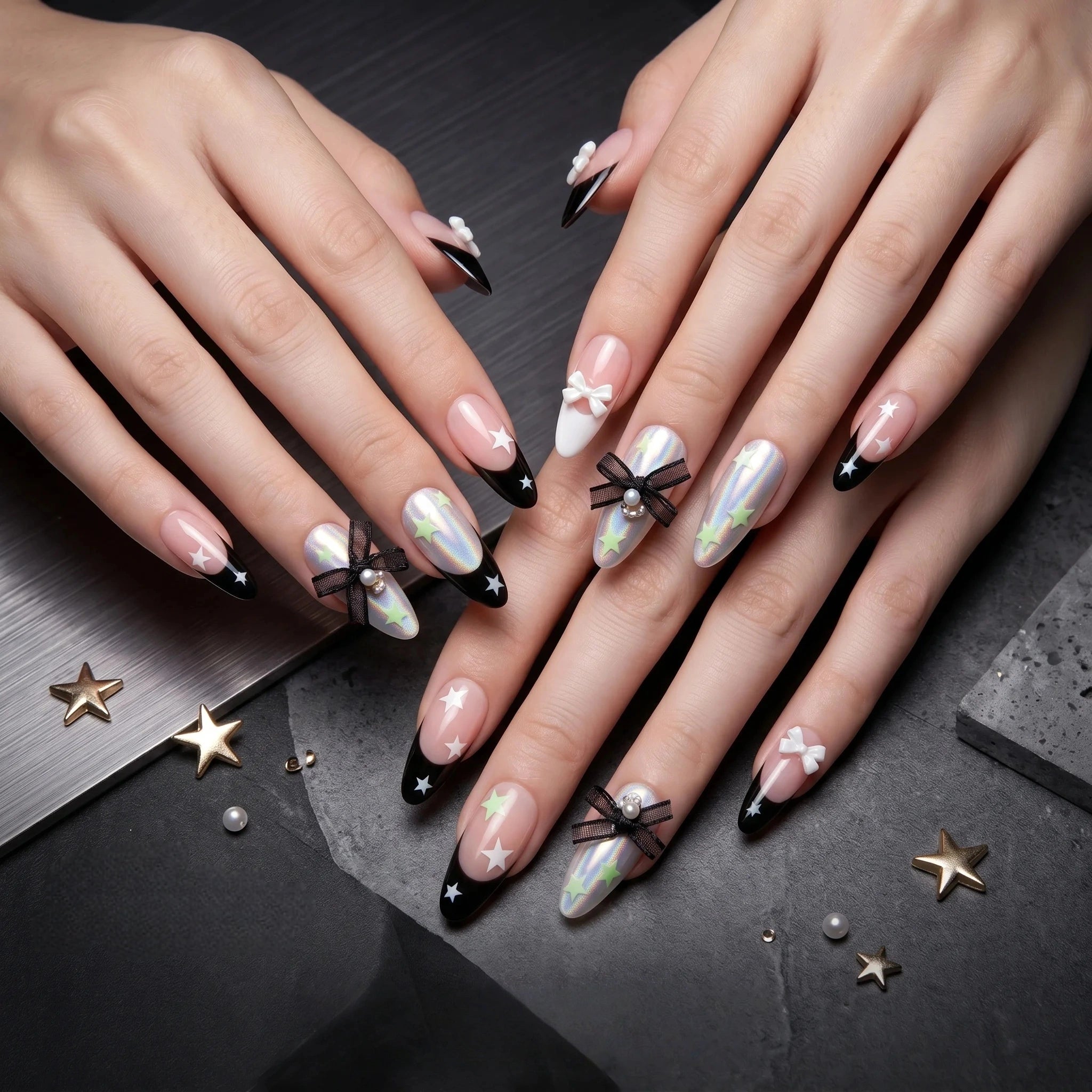Kentrim Glamour Star & Bow Press On Nails - 30 Pieces, 15 Sizes