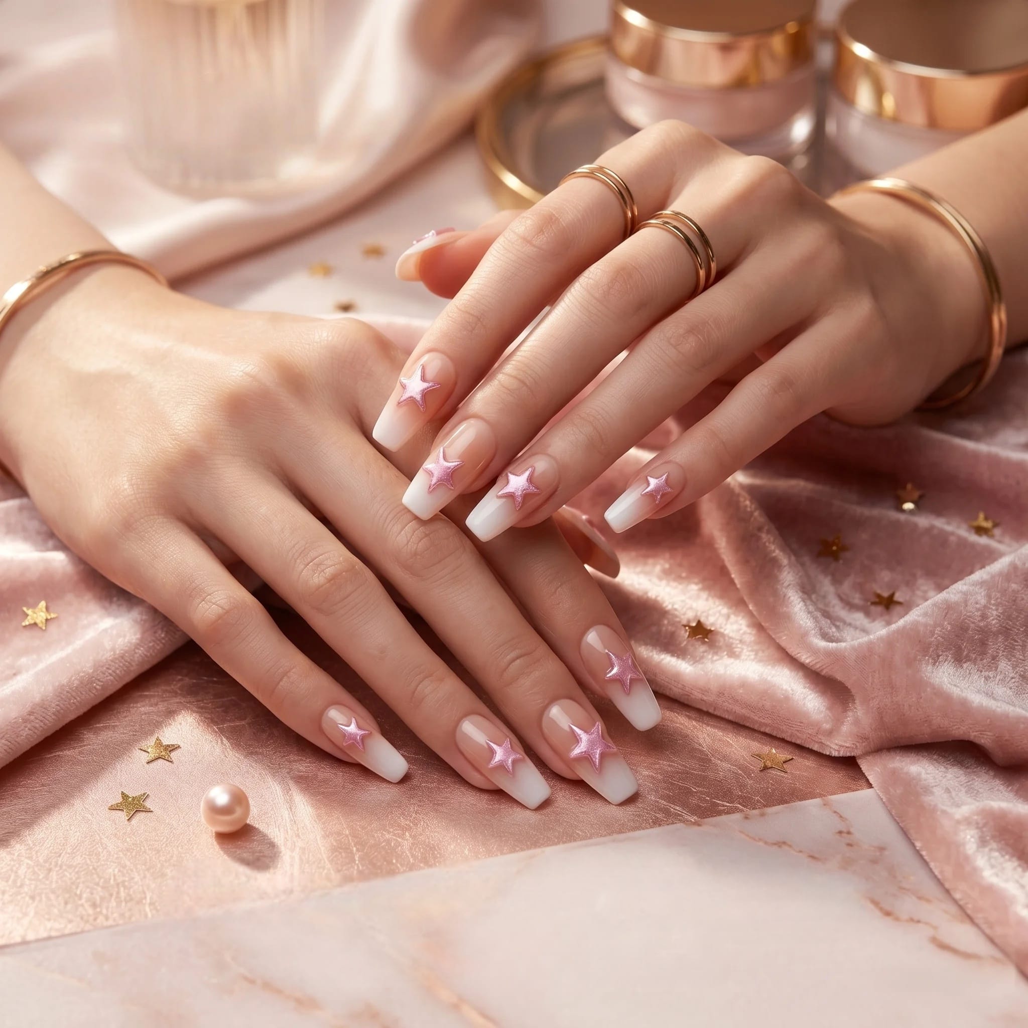 Kentrim Glamour Star press-on nails in coffin shape with pink star accents, 30-piece set in 15 sizes for easy DIY manicures. Main image