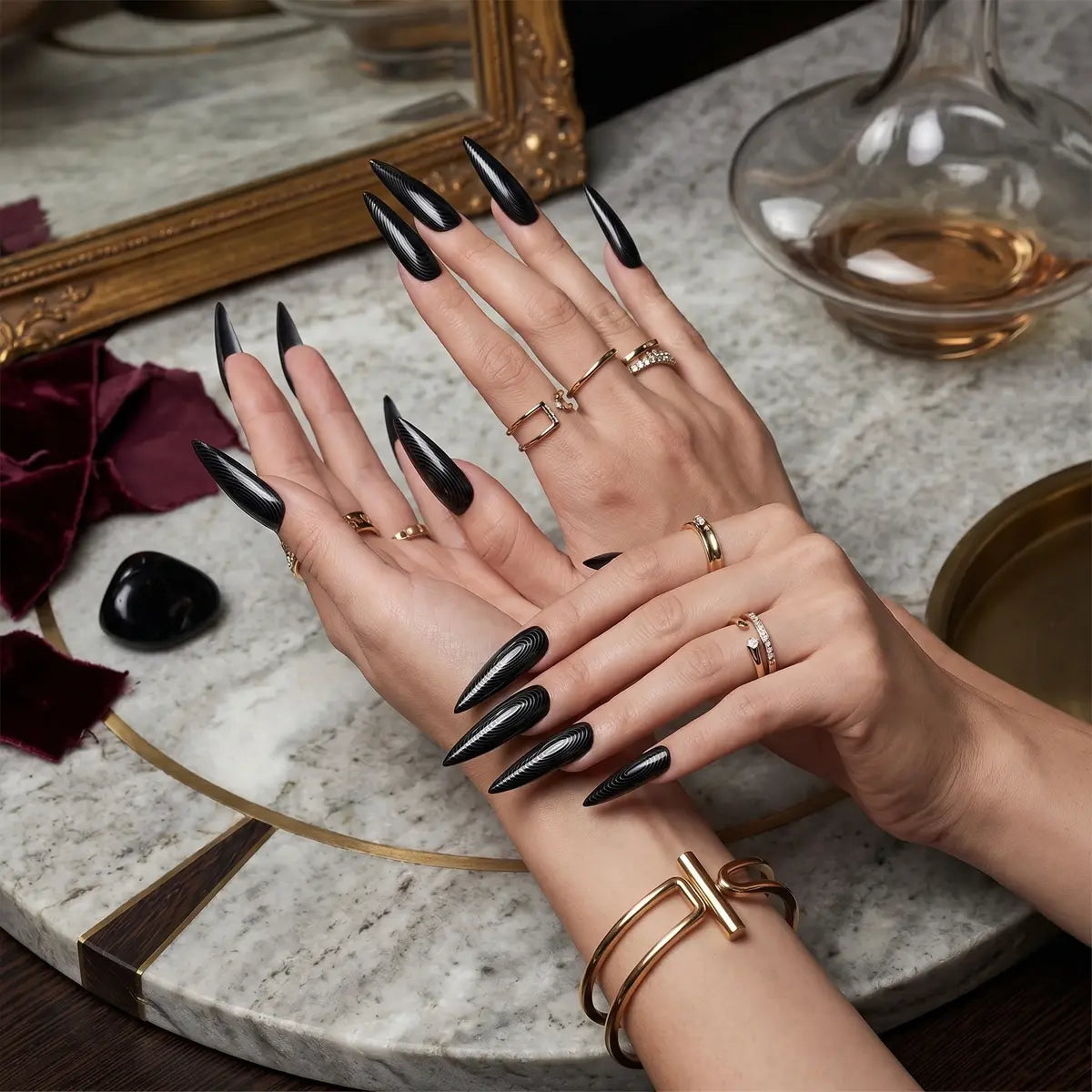 Kentrim Jelly Glue Black Kentrim Glossy Black Stiletto Press On Nails - 24 Pieces (12 Sizes)