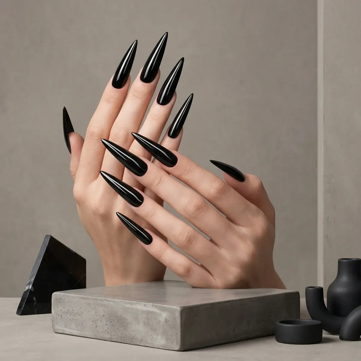 Kentrim Jelly Glue Black Kentrim Glossy Black Stiletto Press On Nails - 24 Pieces (12 Sizes)