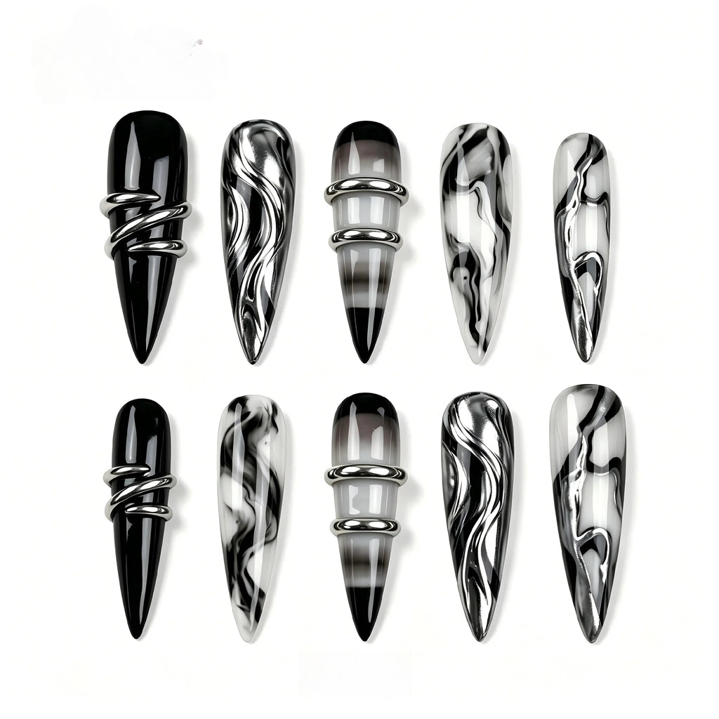 Kentrim Gothic Silver Ring & Marble Press On Nails- 30 Pieces, 15 Sizes