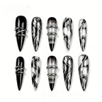 Kentrim Gothic Silver Ring & Marble Press On Nails- 30 Pieces, 15 Sizes