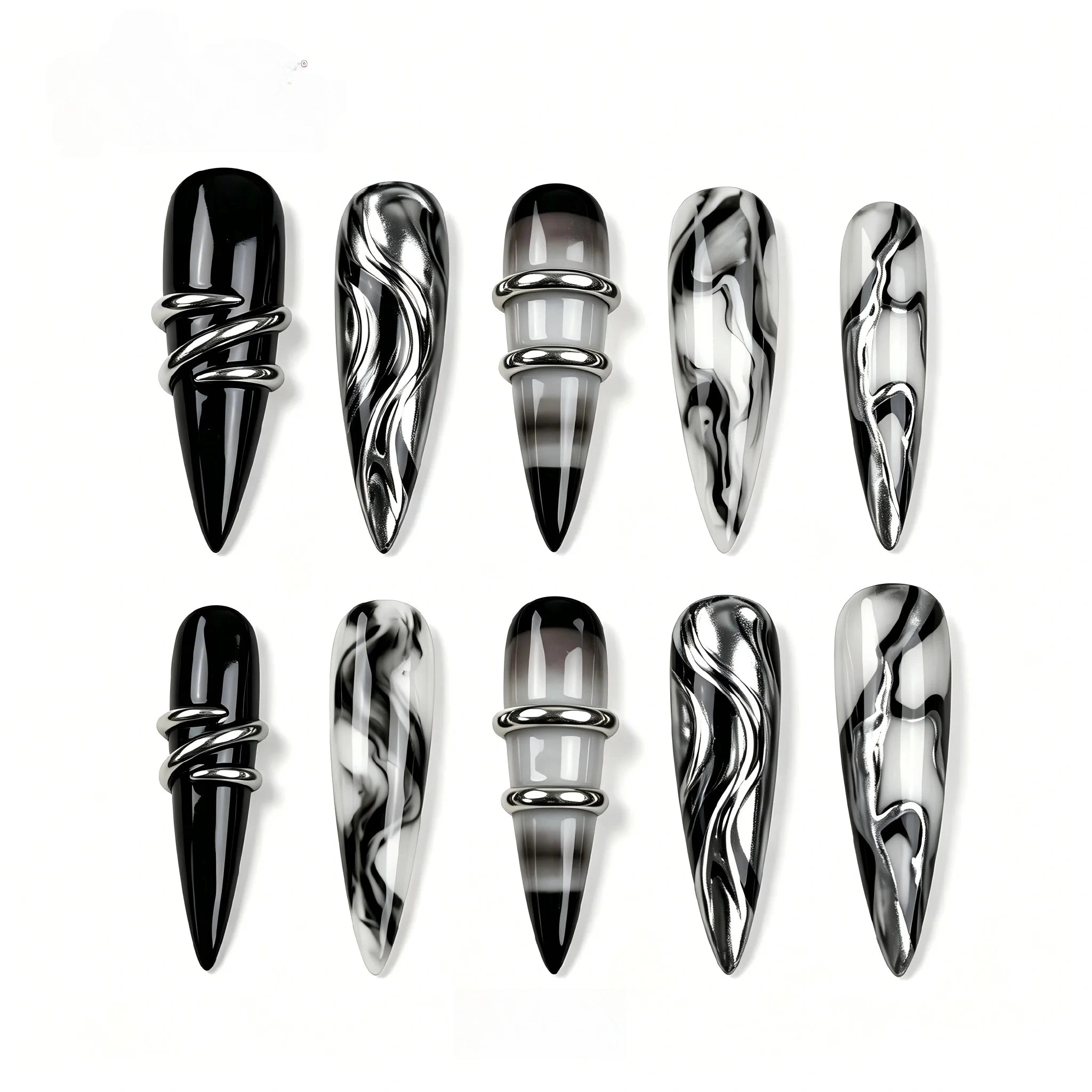 Kentrim Gothic Silver Ring & Marble Press On Nails- 30 Pieces, 15 Sizes