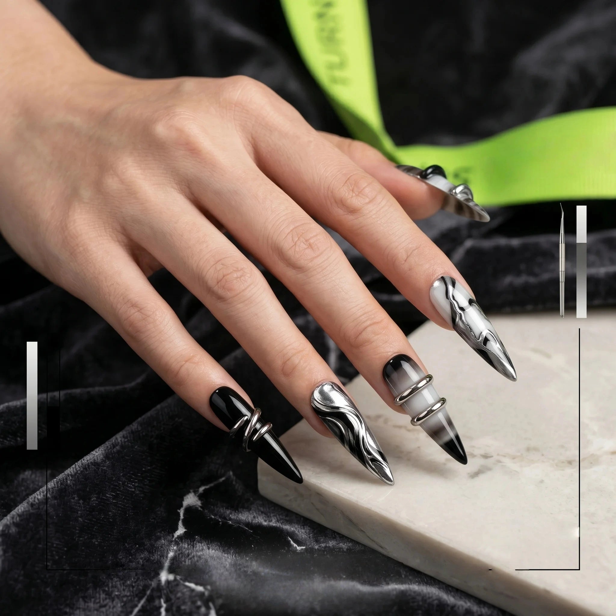 Kentrim Gothic Silver Ring & Marble Press On Nails- 30 Pieces, 15 Sizes