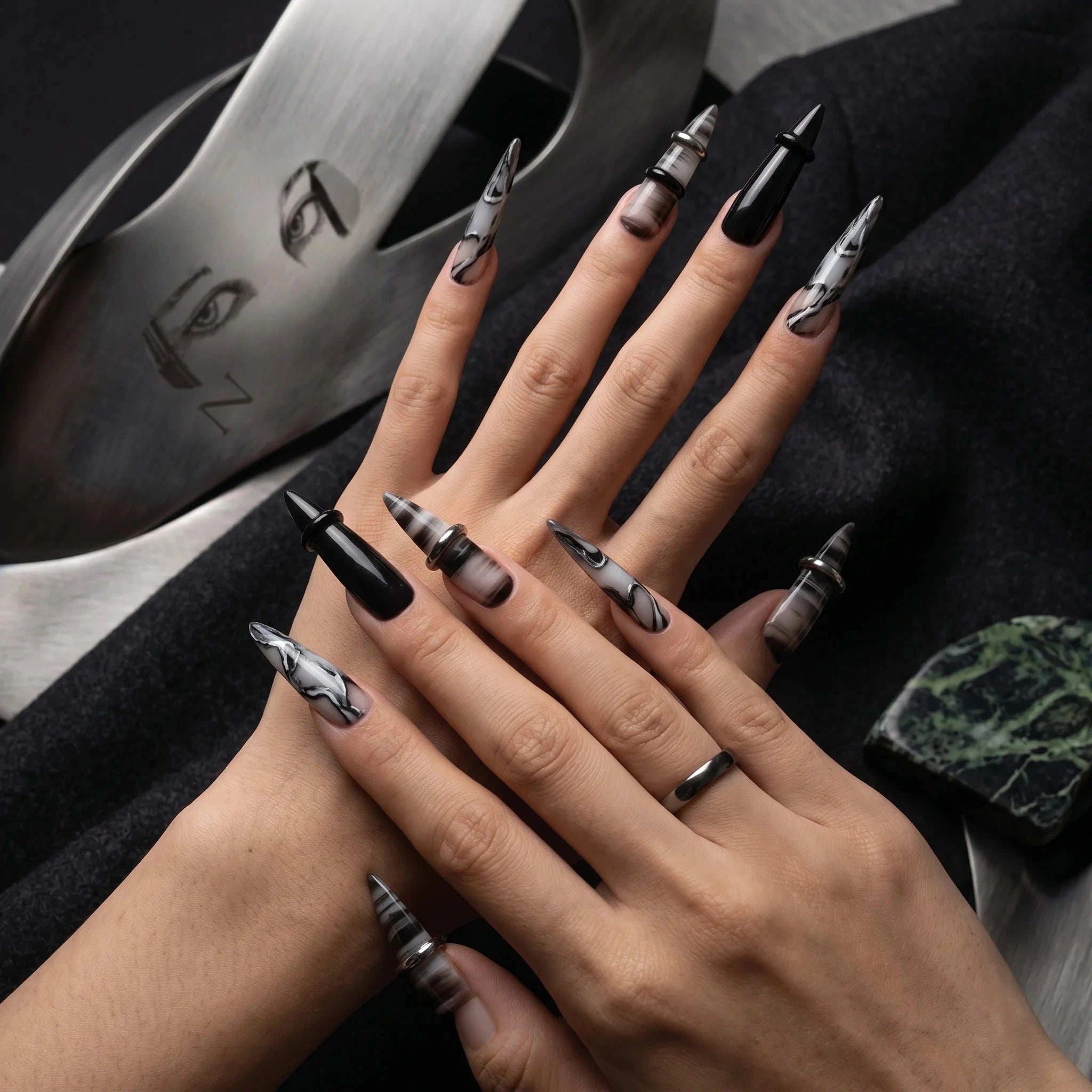 Kentrim Gothic Silver Ring & Marble Press On Nails- 30 Pieces, 15 Sizes Secondary image