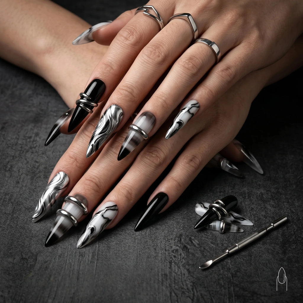 Kentrim Gothic Silver Ring & Marble Press On Nails- 30 Pieces, 15 Sizes