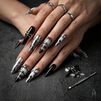 Kentrim Gothic Silver Ring & Marble Press On Nails- 30 Pieces, 15 Sizes