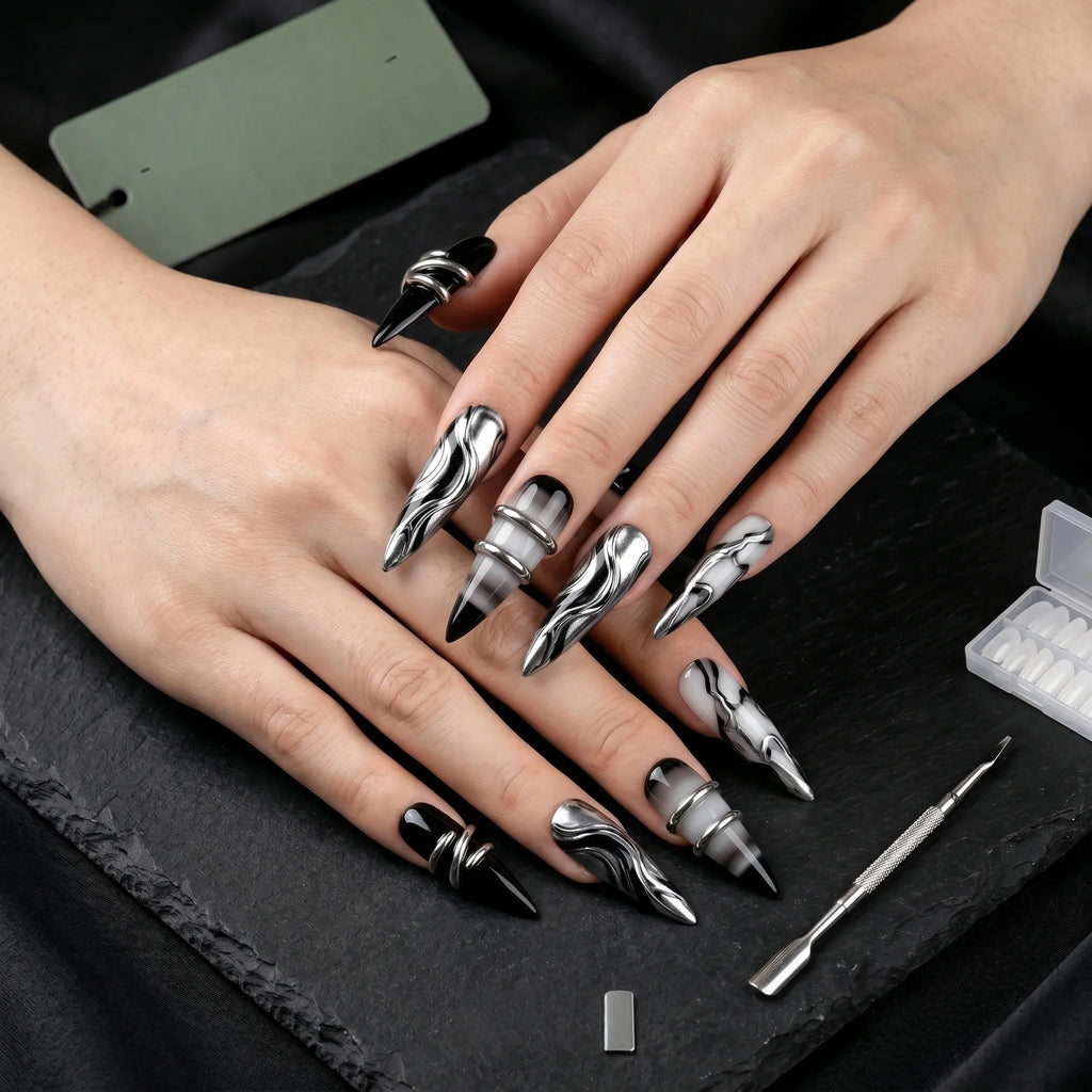 Kentrim Gothic Silver Ring & Marble Press On Nails- 30 Pieces, 15 Sizes