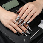 Kentrim Gothic Silver Ring & Marble Press On Nails- 30 Pieces, 15 Sizes