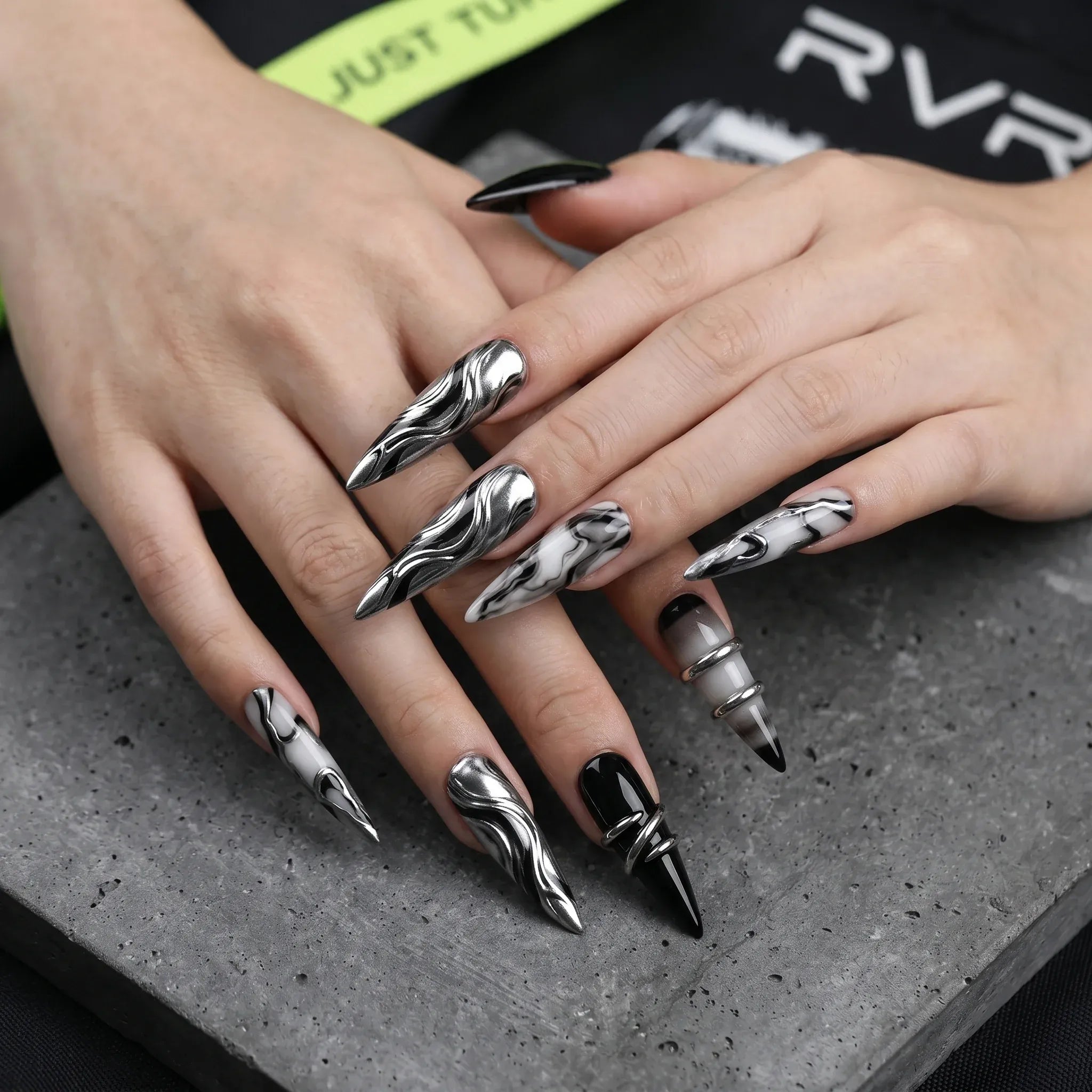 Kentrim gothic silver ring and marble press-on nails, long stiletto style with black and white marble design, 30 reusable false nails Main image