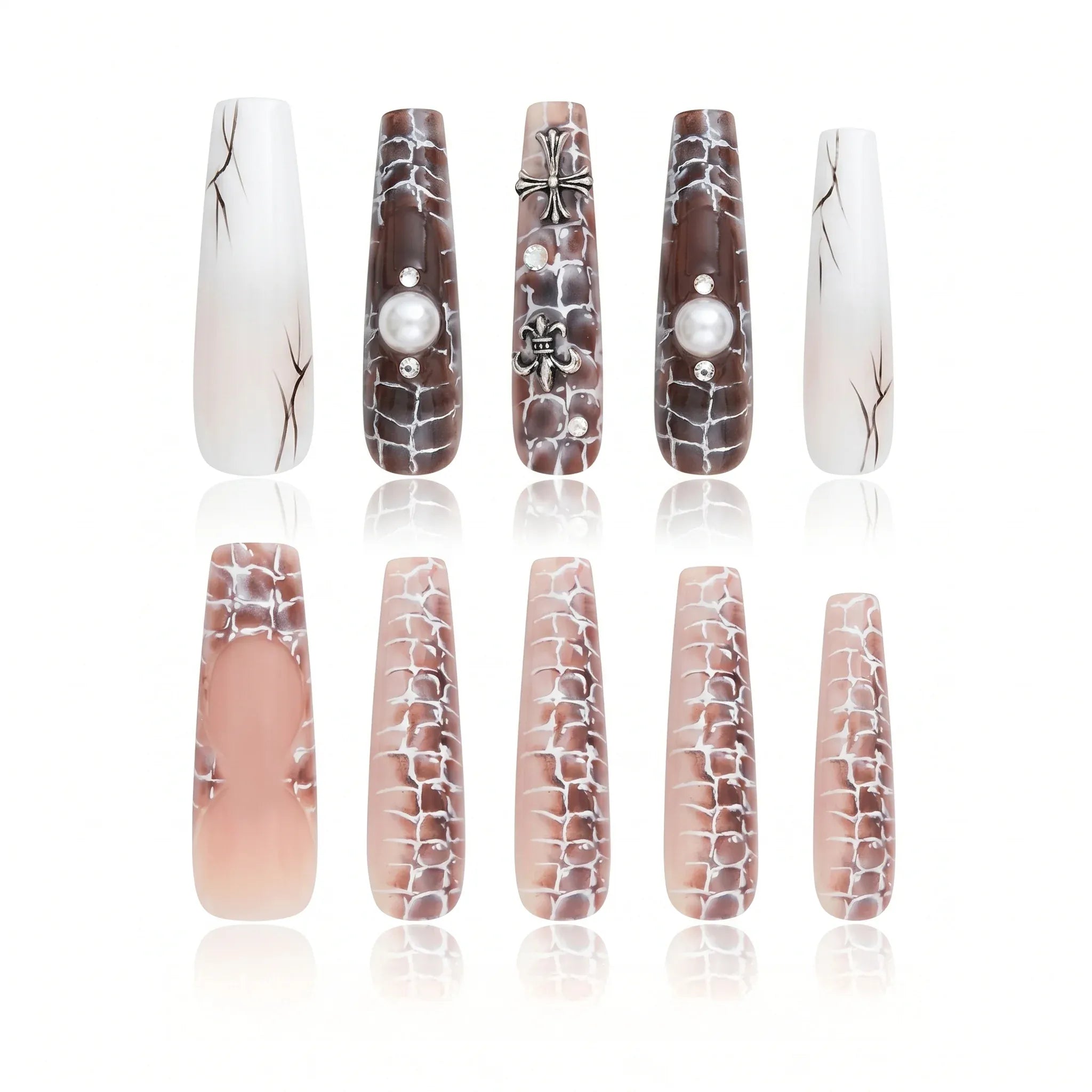 Kentrim Jelly Glue Brown Kentrim Snake Print French Tip Press On Nails - 30 Pieces (15 Sizes)