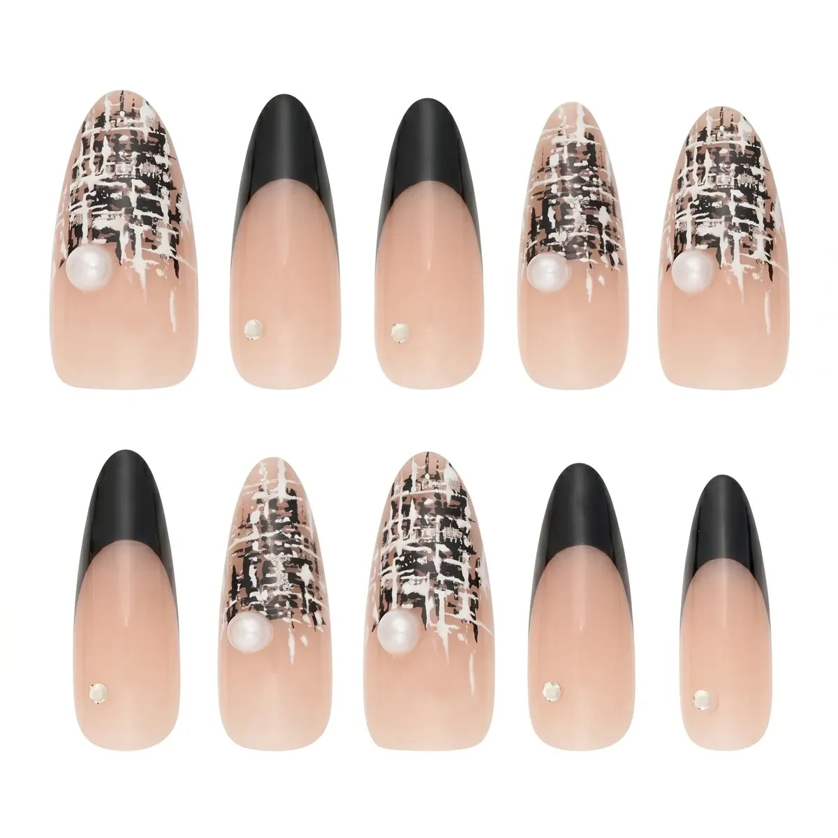 Black French Tip Press On Nails – Tweed & Pearl Almond Set | Kentrim Secondary image