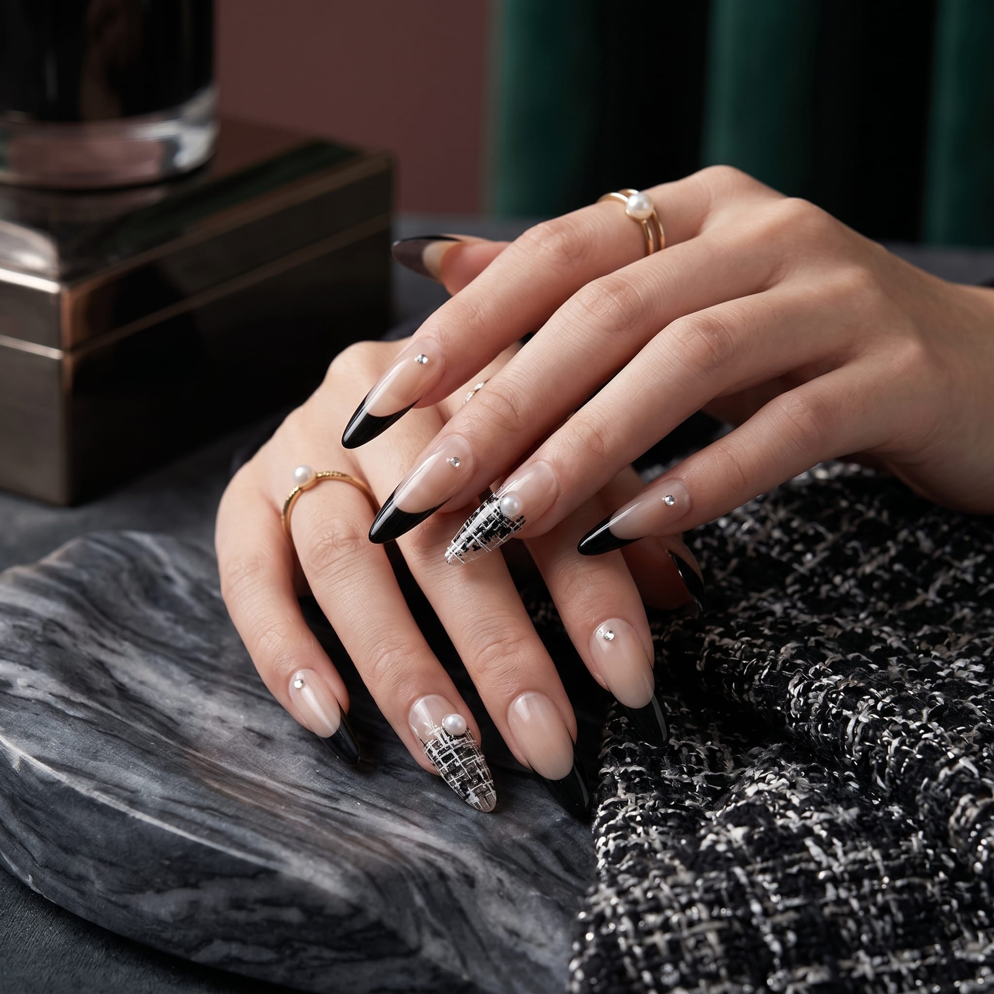 Kentrim black French tweed almond press-on nails set with 30 pieces in 15 sizes, featuring pearl accents for elegant nail design. Main image