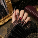 Press on Nails Kentrim Black Lace Red Rhinestone Spider Long Almond Press On Nails - 30 Pieces, 15 Sizes Black