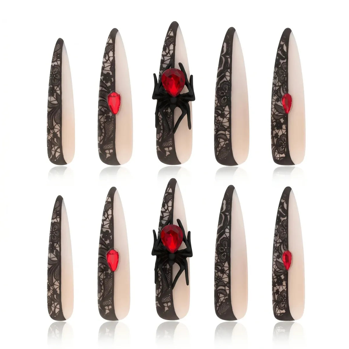 Spider Press On Nails – Black Lace Gothic Almond Design 30 Pieces, 15 Sizes Secondary image