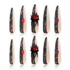Press on Nails Kentrim Black Lace Red Rhinestone Spider Long Almond Press On Nails - 30 Pieces, 15 Sizes Black