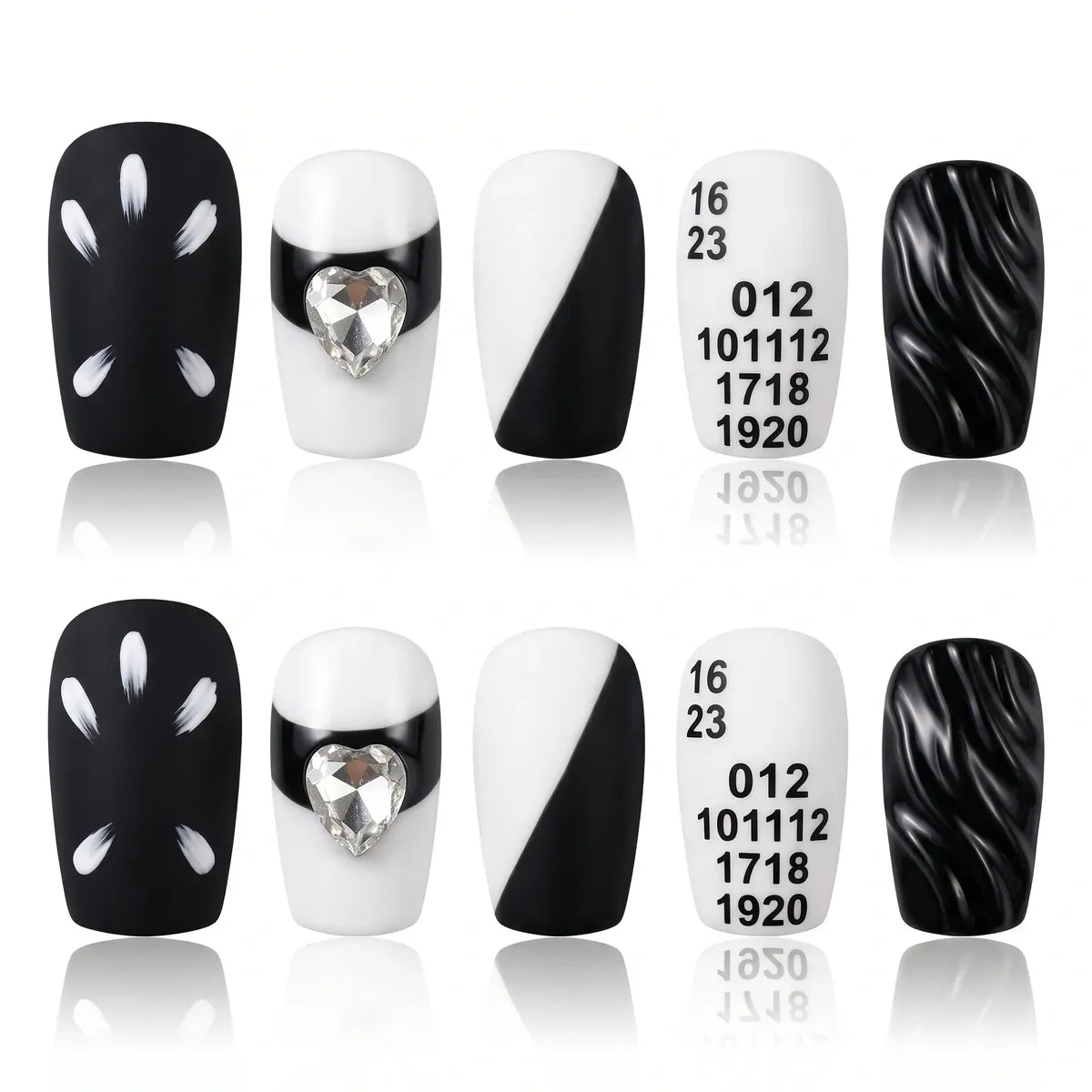 Wave Press On Nails – Black & White Heart Rhinestone Design 30 Pieces, 15 Sizes Secondary image