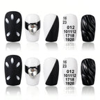 Press on Nails Kentrim Black White 3D Wave Heart Rhinestone Short Square Press On Nails - 30 Pieces, 15 Sizes Black