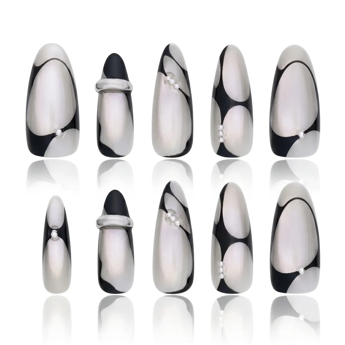 Metallic Press On Nails – Black & White Pearl Almond Design 30 Pieces, 15 Sizes Secondary image