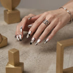 Press on Nails Kentrim Black White Metallic Block Pearl Almond Press On Nails - 30 Pieces, 15 Sizes White