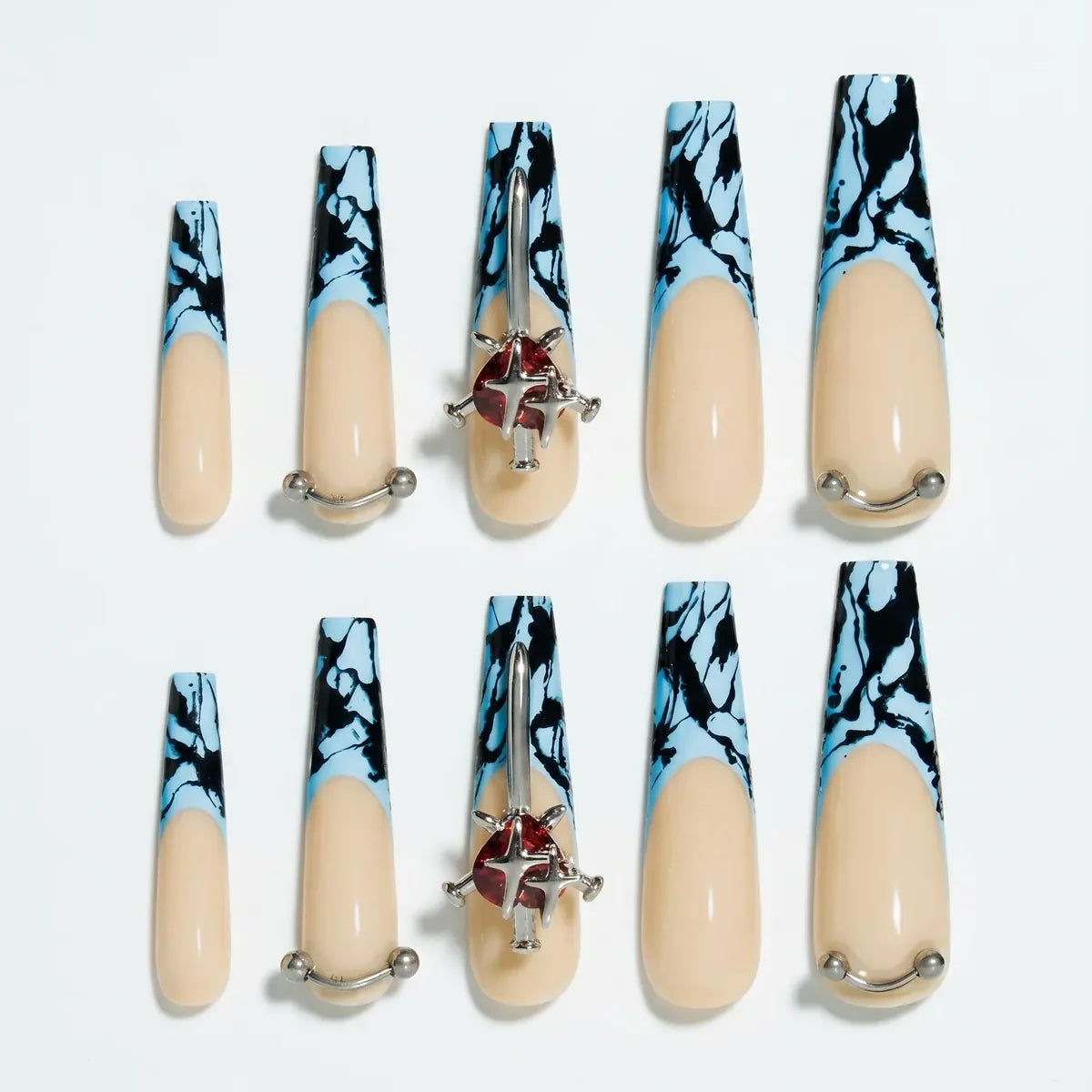 Marble Press On Nails – Blue Sword Cross Coffin Design 30 Pieces (15 Sizes) Secondary image