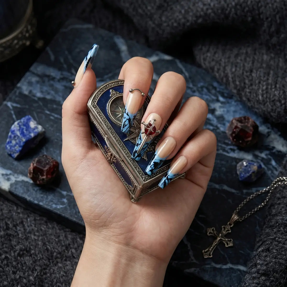 Press on Nails Kentrim Blue Marble Sword Cross Coffin Press On Nails - 30 Pieces (15 Sizes) Blue