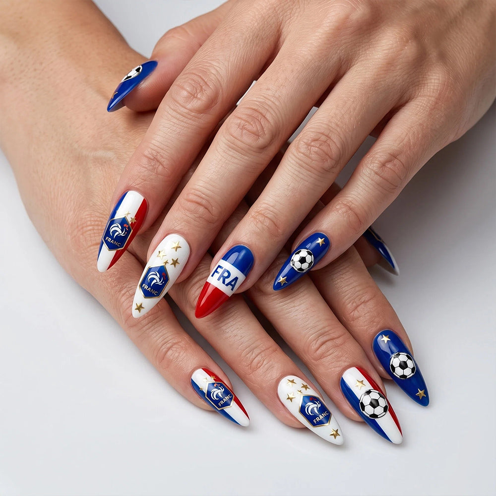 Kentrim Blue White Red Stripe Soccer Fan Long Almond Press On Nails - 24 Pieces 12 Sizes Secondary image