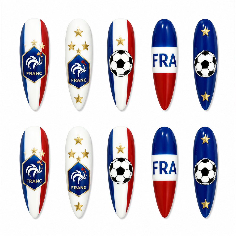 Kentrim Blue White Red Stripe Soccer Fan Long Almond Press On Nails - 24 Pieces 12 Sizes Main image