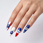 Kentrim Blue White Red Stripe Soccer Fan Long  Almond Sports Press On Nails - 24 Pieces 12 Sizes