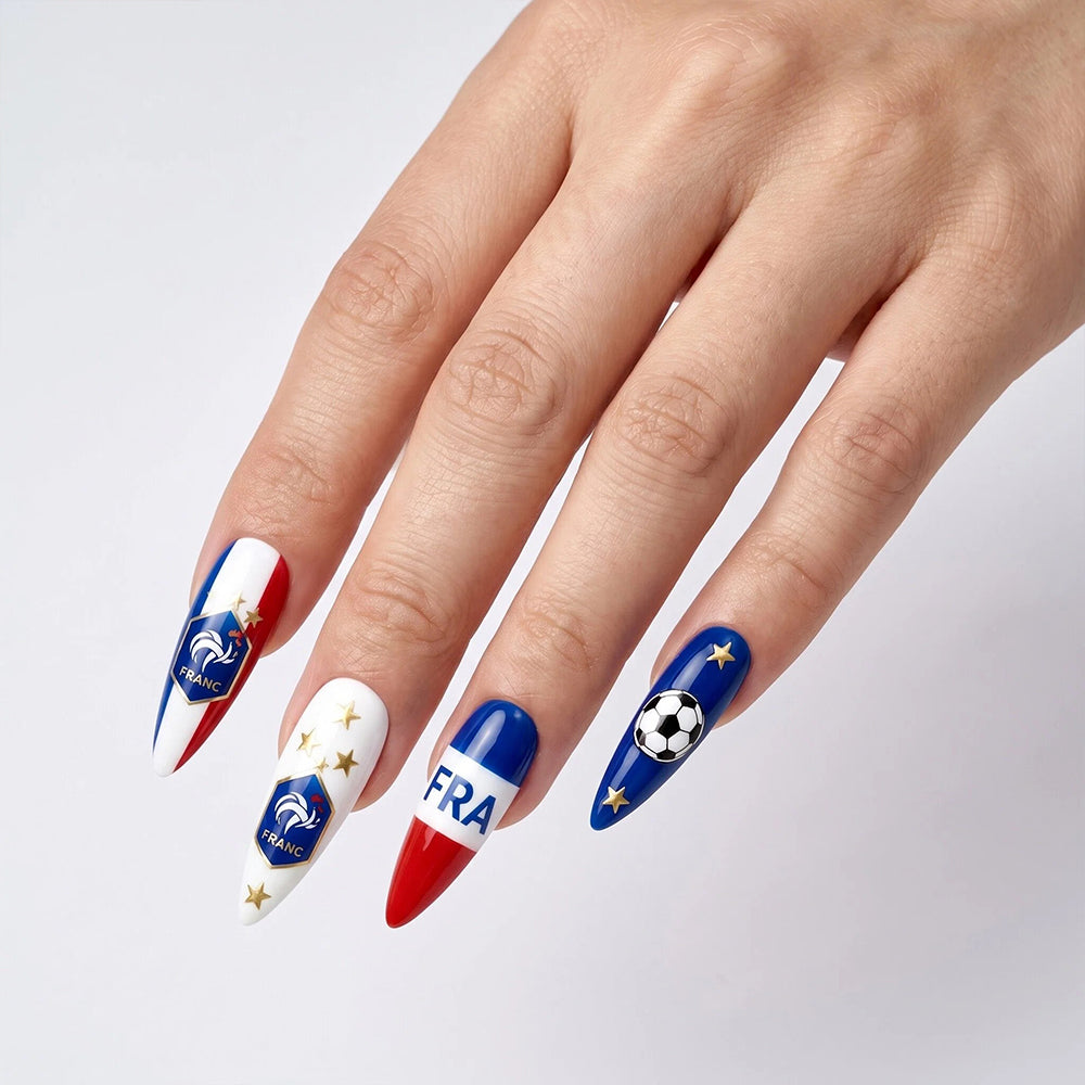 Kentrim Blue White Red Stripe Soccer Fan Long  Almond Sports Press On Nails - 24 Pieces 12 Sizes