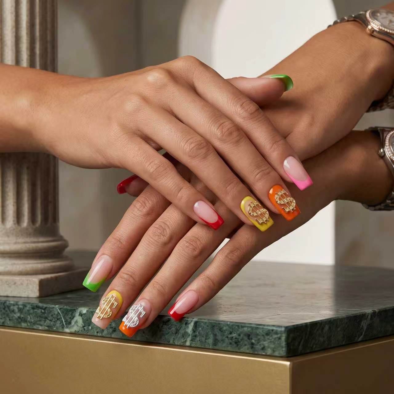 Kentrim bright rainbow French dollar metal charms on long coffin press-on nails, 30-piece set with 15 sizes for stylish nail art. Main image