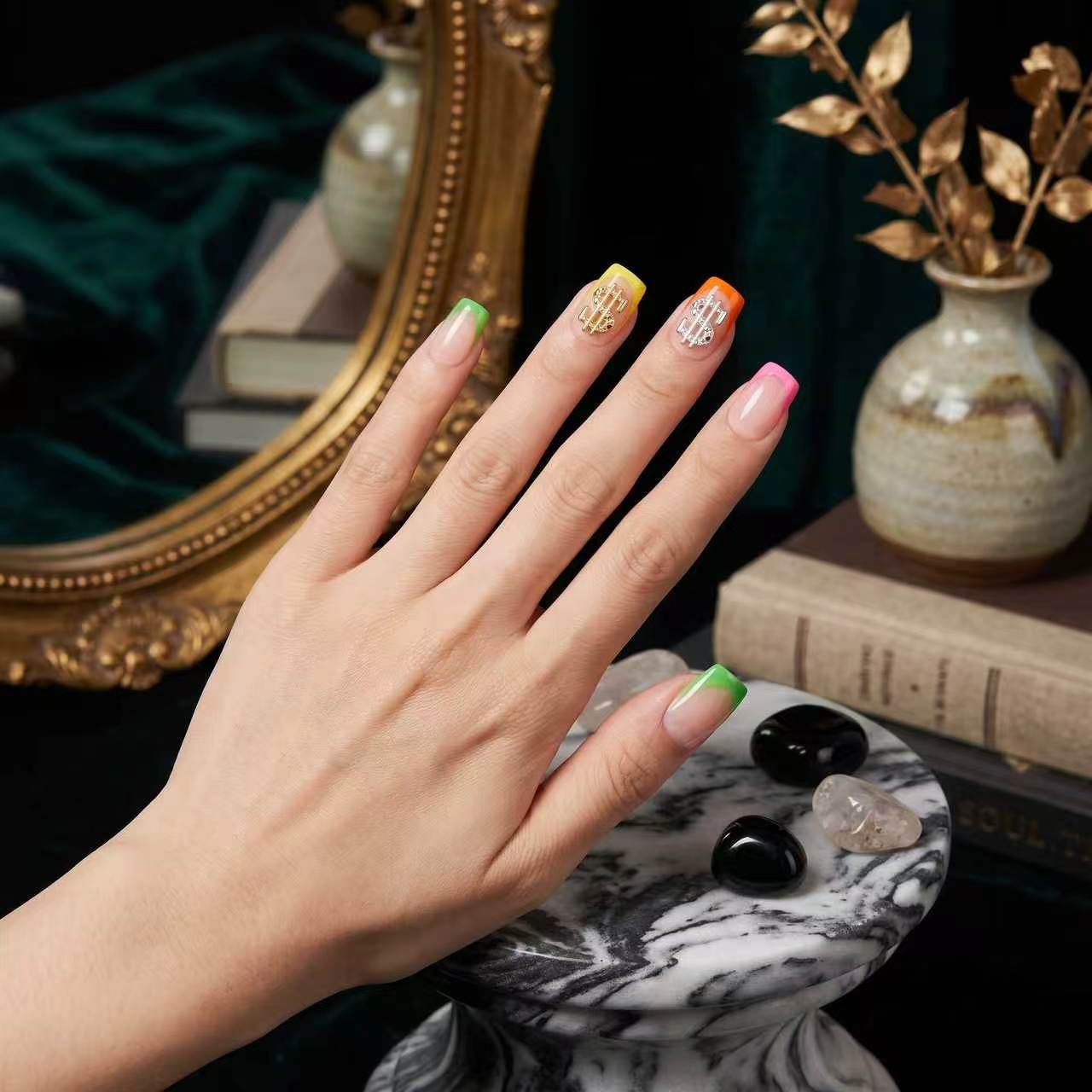 Press on Nails Kentrim Bright Rainbow French Dollar Metal Charms Long Coffin Press On Nails - 30 Pieces, 15 Sizes Pink