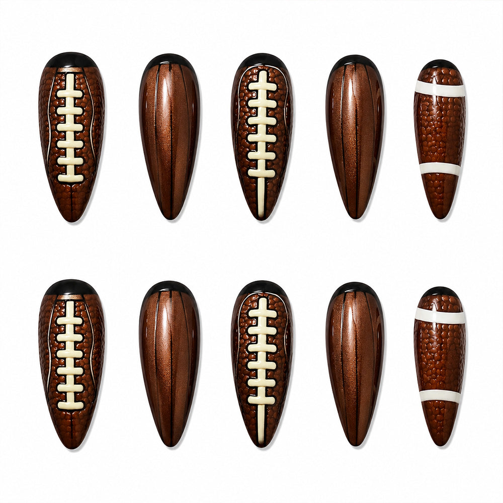 Kentrim Brown American Football Print Sports Long Almond Press On Nails - 24 Pieces 12 Sizes Main image