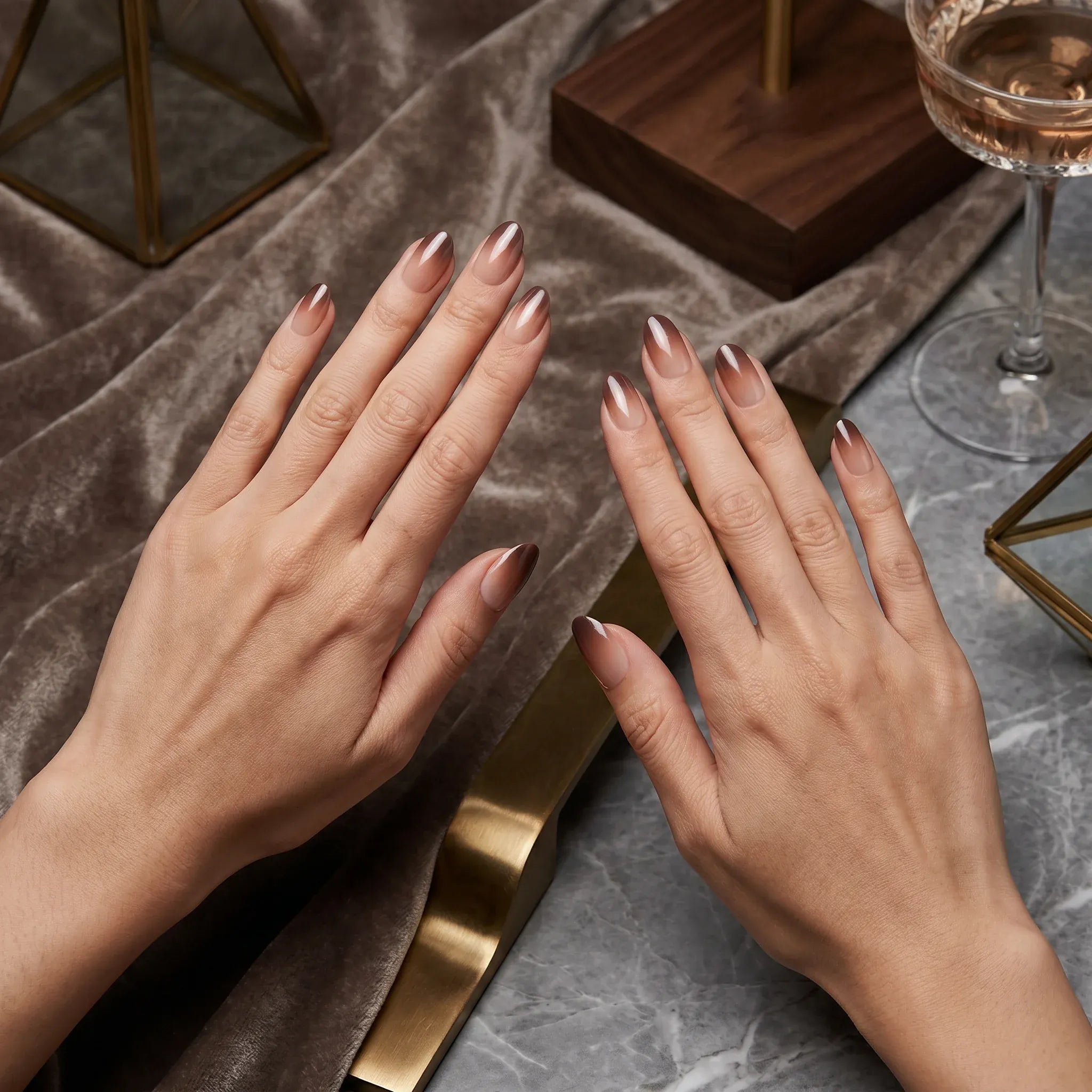 Press on Nails Kentrim Brown Coffee Cat Eye Gradient Medium Long Almond Press On Nails - 24 Pieces 12 Sizes Beige