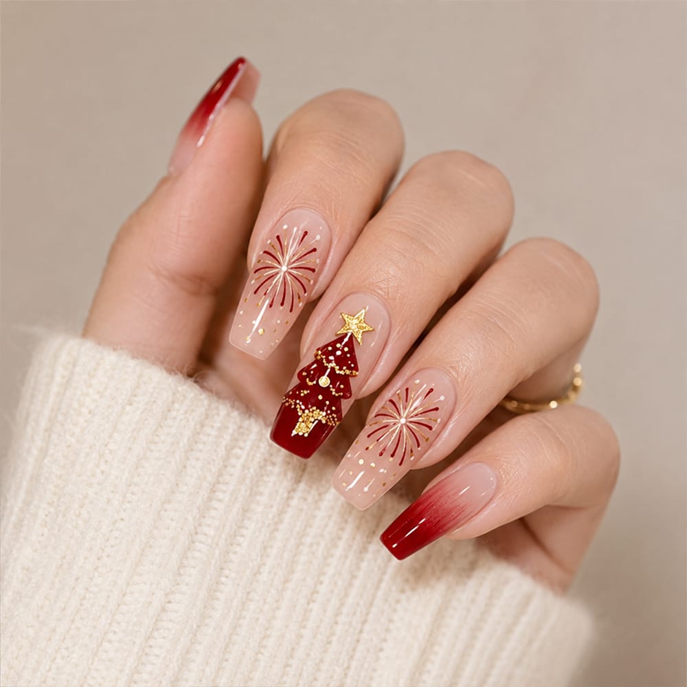 Press on Nails Kentrim Burgundy Gradient Firework Christmas Tree Long Coffin Press On Nails - 30 Pieces, 15 Sizes Pink
