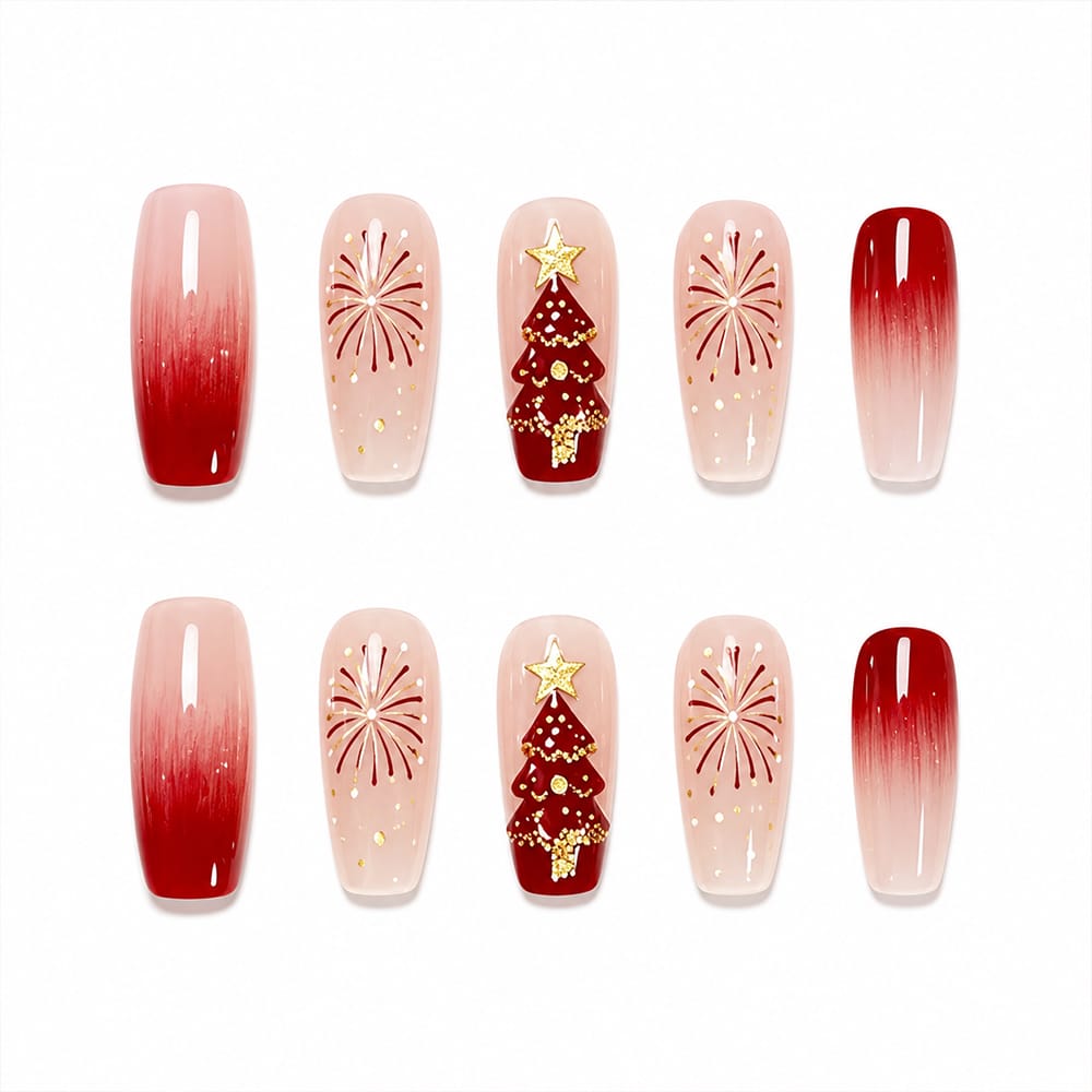 Press on Nails Kentrim Burgundy Gradient Firework Christmas Tree Long Coffin Press On Nails - 30 Pieces, 15 Sizes Pink