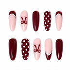 Press on Nails Kentrim Burgundy Polka Dot Bow Nude Long Almond Press On Nails - 30 Pieces, 15 Sizes Red