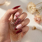 Press on Nails Kentrim Burgundy Polka Dot Bow Nude Long Almond Press On Nails - 30 Pieces, 15 Sizes Red