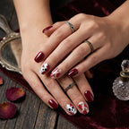 Press on Nails Kentrim Burgundy Rose Skull Medium Short Square Halloween Press On Nails - 24 Pieces 12 Sizes Red