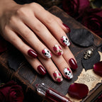 Press on Nails Kentrim Burgundy Rose Skull Medium Short Square Halloween Press On Nails - 24 Pieces 12 Sizes Red