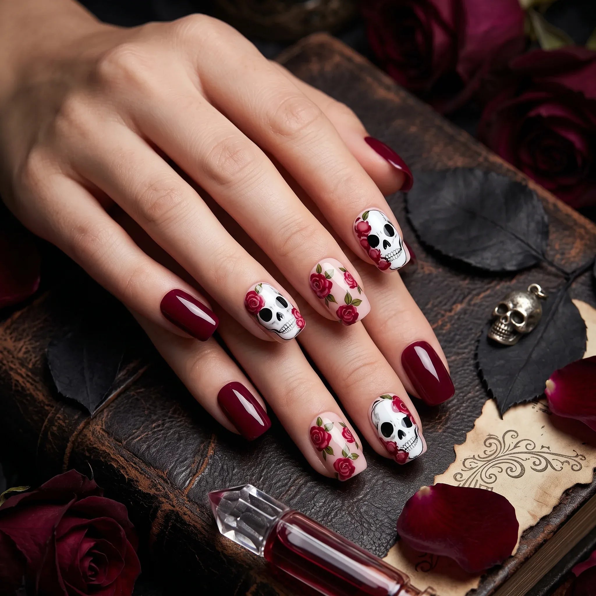 Press on Nails Kentrim Burgundy Rose Skull Medium Short Square Halloween Press On Nails - 24 Pieces 12 Sizes Red