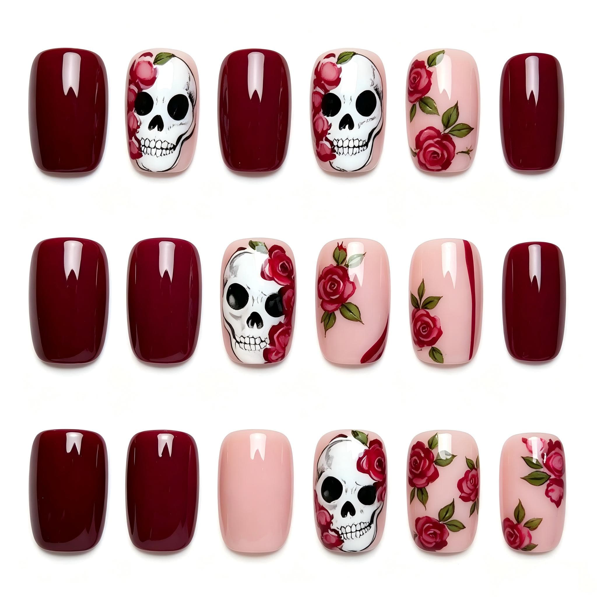 Press on Nails Kentrim Burgundy Rose Skull Medium Short Square Halloween Press On Nails - 24 Pieces 12 Sizes Red Main image