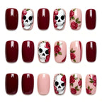 Press on Nails Kentrim Burgundy Rose Skull Medium Short Square Halloween Press On Nails - 24 Pieces 12 Sizes Red