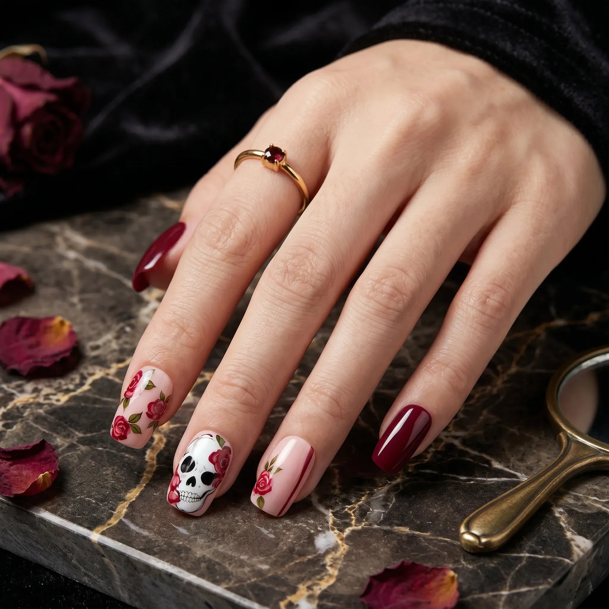 Press on Nails Kentrim Burgundy Rose Skull Medium Short Square Halloween Press On Nails - 24 Pieces 12 Sizes Red