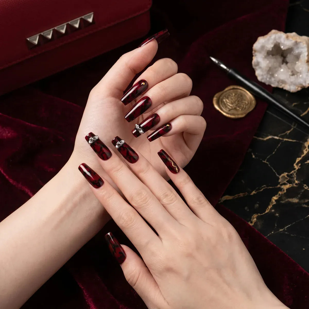 Press on Nails Kentrim Burgundy Smudge Rhinestone Long Coffin Press On Nails - 30 Pieces, 15 Sizes Red