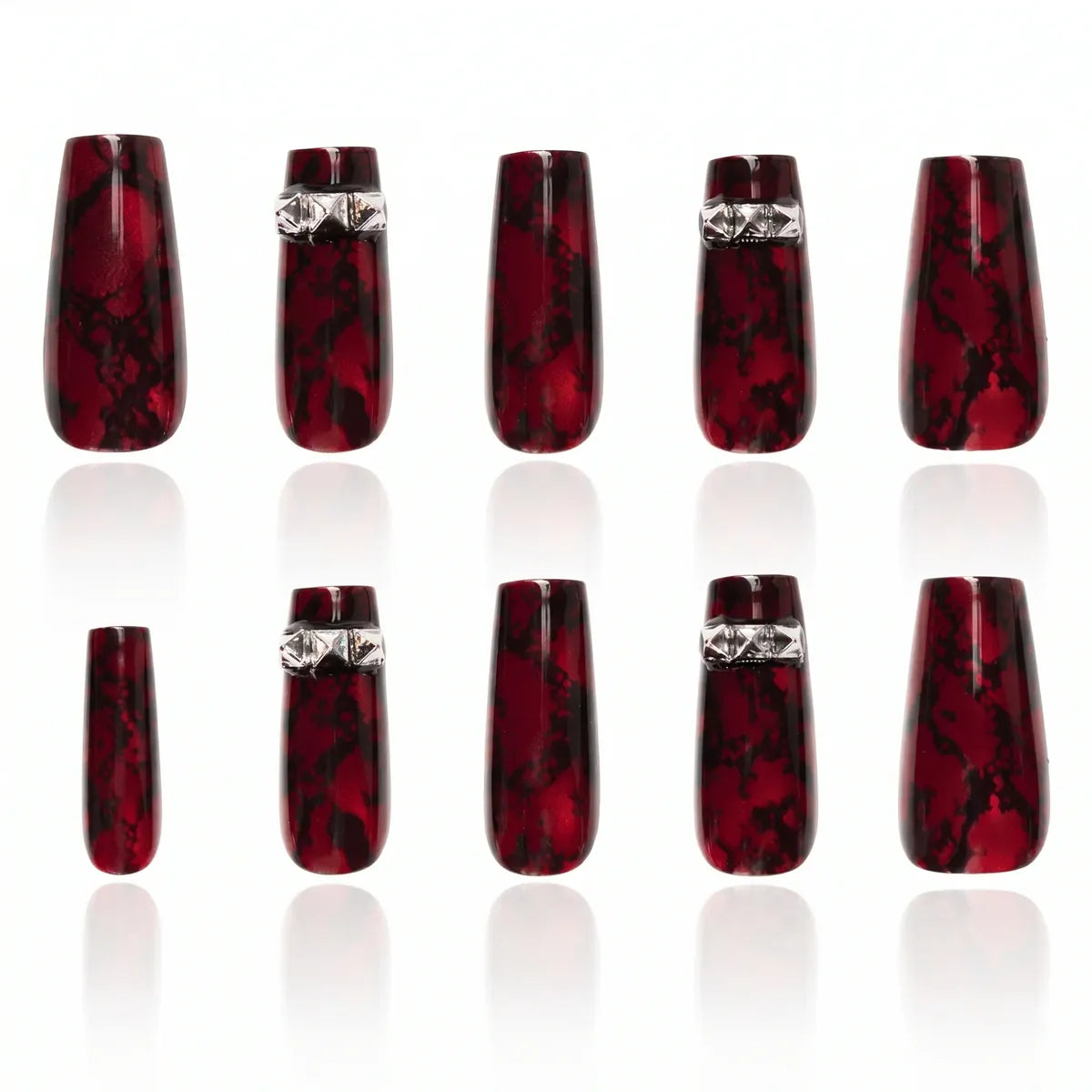 Rhinestone Press On Nails – Burgundy Coffin Glam Design 30 Pieces, 15 Sizes Secondary image