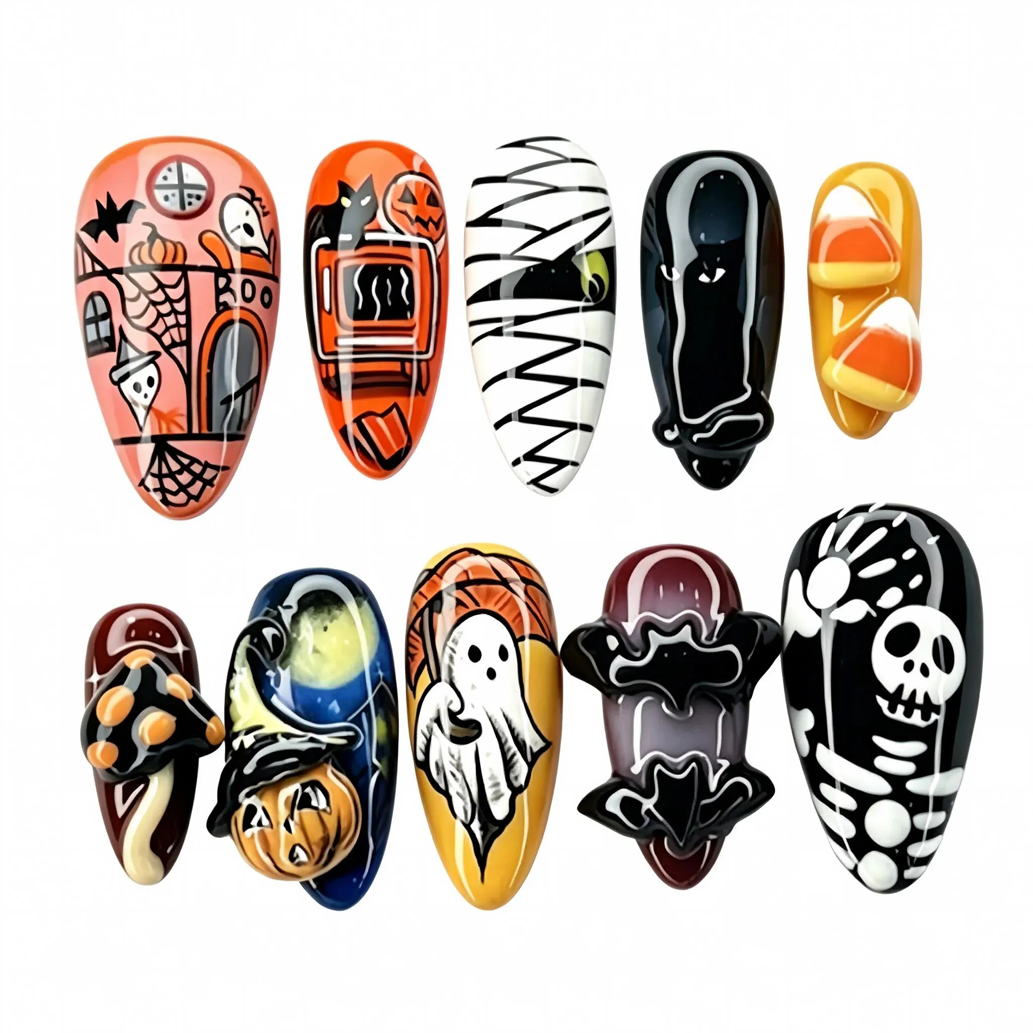 Press on Nails Kentrim Cartoon Halloween Pumpkin Ghost Mummy Bat Medium Long Almond Press On Nails - 24 Pieces 12 Sizes Black Main image