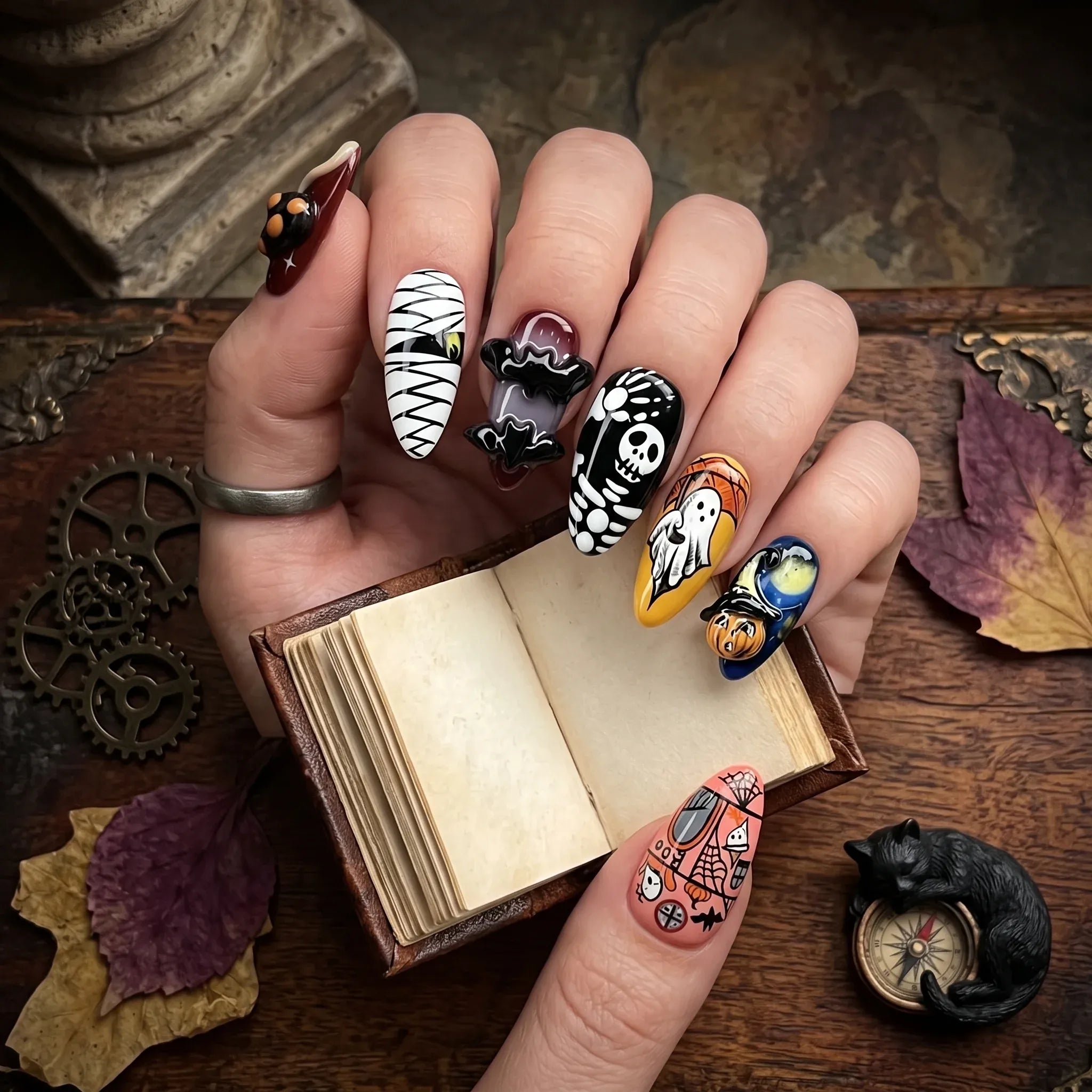 Halloween Press On Nails – Cartoon Pumpkin Ghost Almond Design 24 Pieces 12 Sizes Secondary image