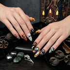 Press on Nails Kentrim Cartoon Halloween Pumpkin Ghost Mummy Bat Medium Long Almond Press On Nails - 24 Pieces 12 Sizes Black