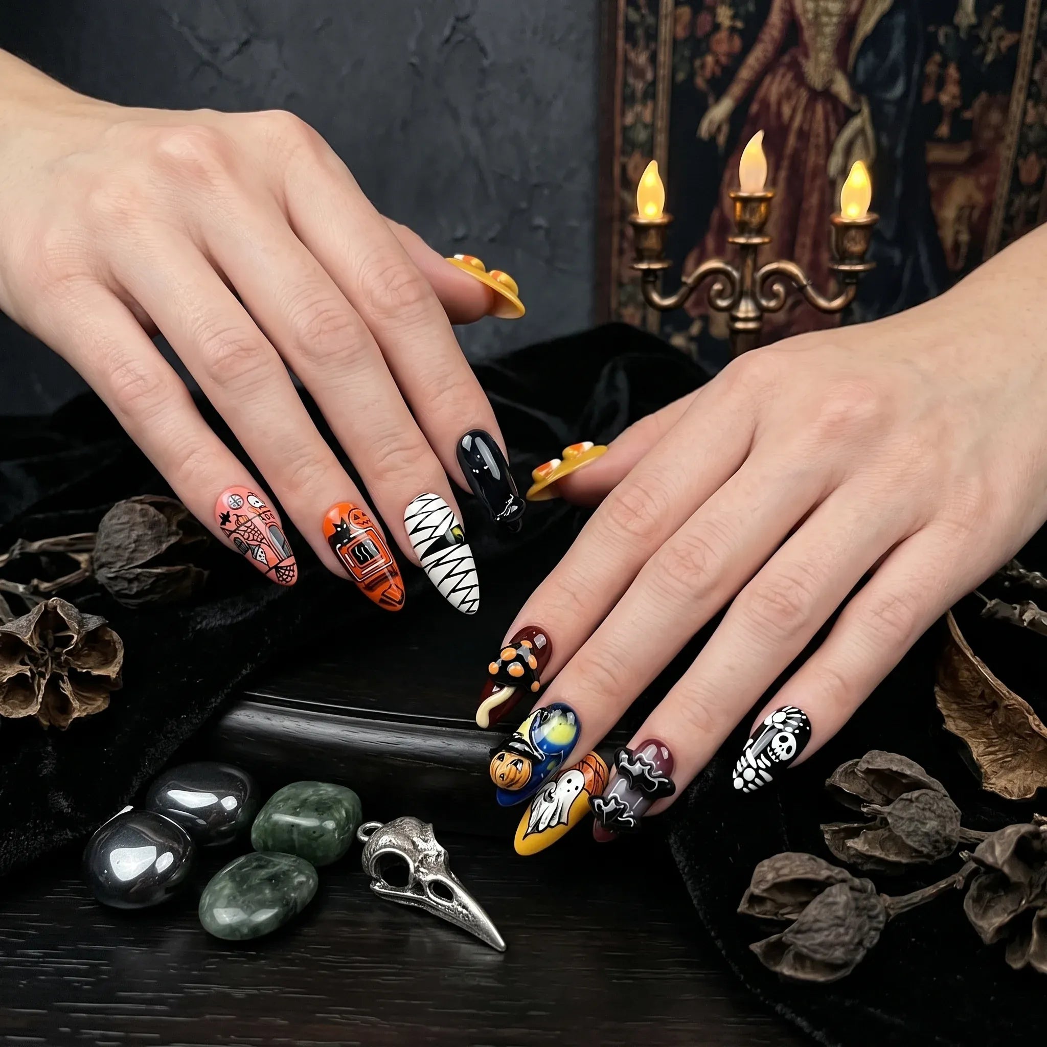 Kentrim cartoon Halloween pumpkin, ghost, mummy, bat medium long almond press-on nails, 24 pieces, 12 sizes for spooky nail art. Main image